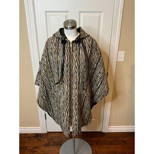 Smythe Gray Wool Striped Zip-Up Hooded Cape, Size Medium